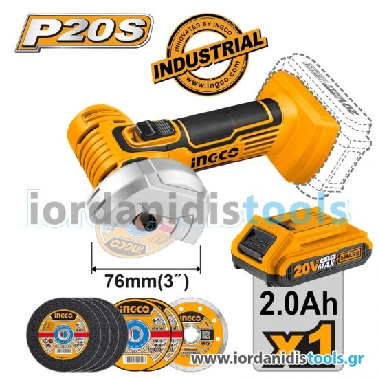 INGCO Μίνι Τροχός Κοπής Μπαταρίας 76mm 20V Li-Ion INGCO Μίνι Τροχός Κοπής Μπαταρίας 76mm 20V Li-Ion