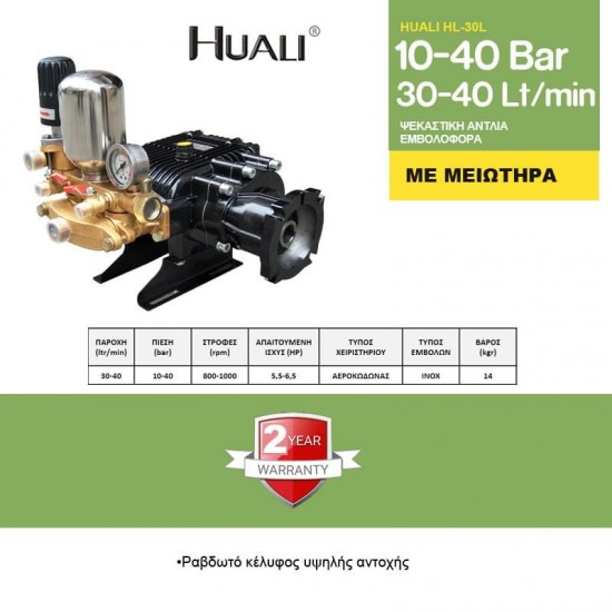 HUALI HL-30L Εμβολοφόρα ψεκαστική αντλία με μειωτήρα 10-40Bar 144030L εως 12 ΑΤΟΚΕΣ ΔΟΣΕΙΣ