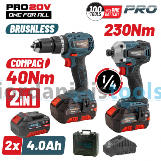 BORMANN Pro BBP5003 Σετ Δραπ/βιδο Κρουστικό Compact Brushless 20V & Παλμικό Κατσαβίδι & x2 Μπαταρίες