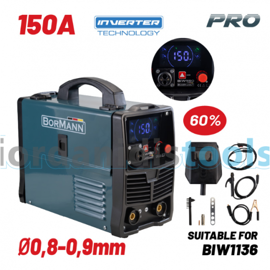 BORMANN Pro BIW1150 Ηλεκτροκόλληση MIG/MAG/TIG/MMA 150A,60%,No gas,450gr/1000gr Κουλούρα (0,8-1,0mm)