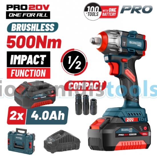 BORMANN Pro BBP5422X44CA Μπουλονόκλειδο Compact Brushless Mπαταρίας 20V Li-Ion,500Nm,2x4Αh,Βαλίτσα