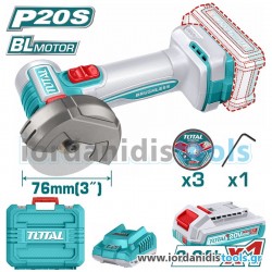 TOTAL ΕΠΑΓΓ. ΣΕΤ MINI ΓΩΝΙΑΚΟΣ ΤΡΟΧΟΣ ΜΠΑΤ. Li-ion 20V / 76mm / 2Ah / 1 ΜΠΑΤ BL Motor (TAGLI207625E)