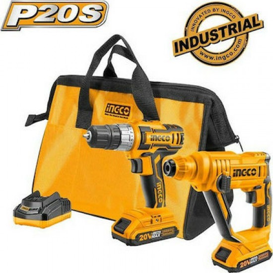INGCO CKLI2008 Σετ 2 τεμ Εργαλεία Μπαταρίας 20V Li-Ion εως 6 ΑΤΟΚΕΣ ΔΟΣΕΙΣ