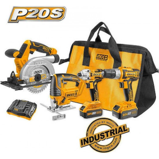 INGCO CKLI2010 Σετ 4 τεμ Εργαλεία Μπαταρίας 20V Li-Ion εως 6 ΑΤΟΚΕΣ ΔΟΣΕΙΣ 